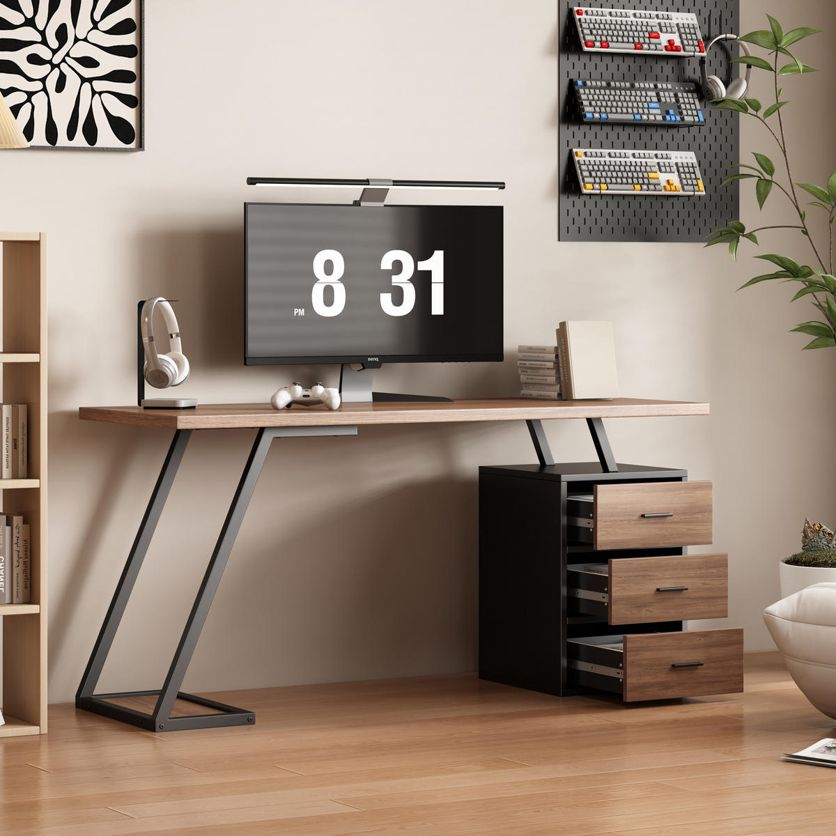 SCHREIBTISCH Dunkelbraun 135,5/58/75 cm mit 3 Schubladen und Metallrahmen - Dunkelbraun, Holzwerkstoff (58/135.5/75cm) - PANGIVO
