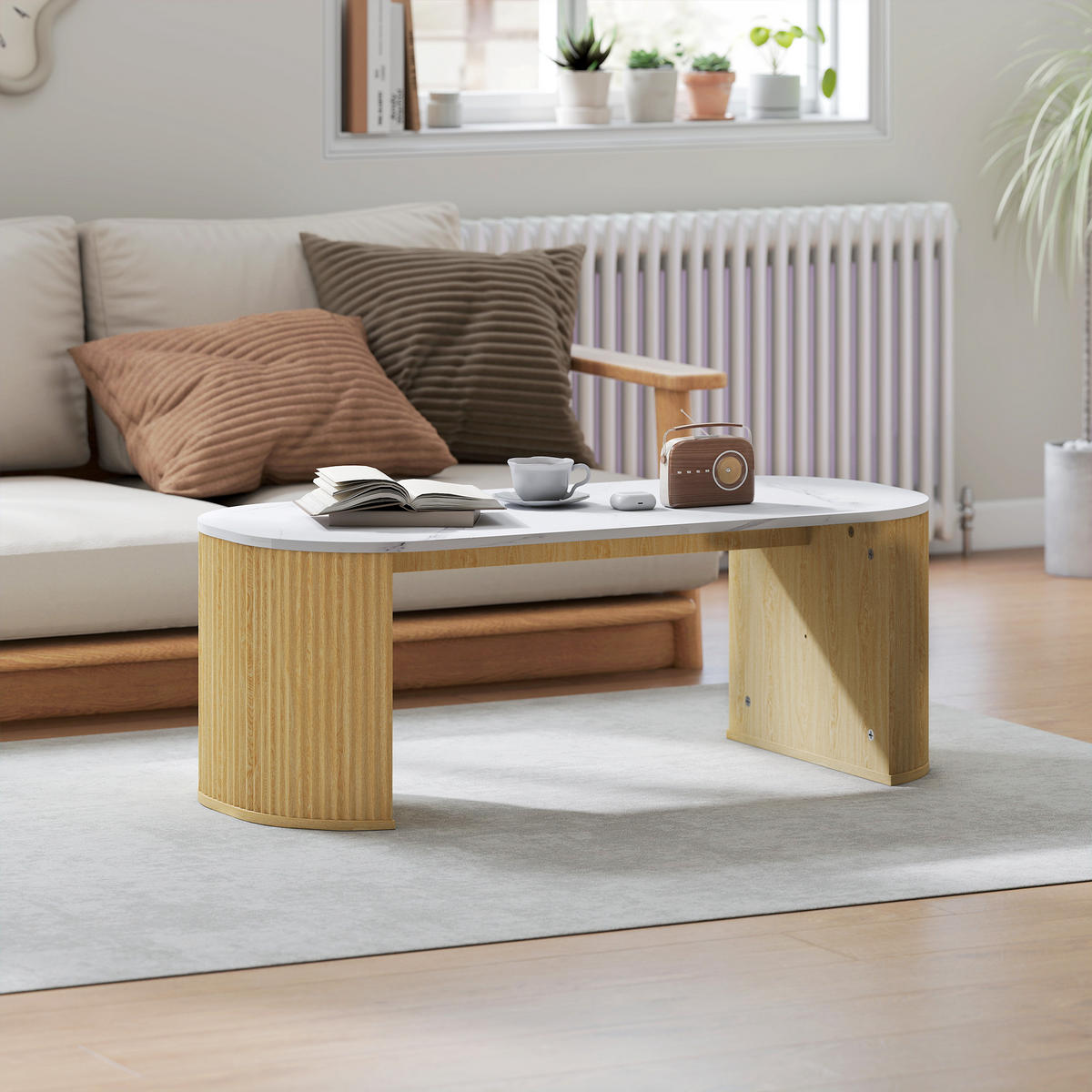 COUCHTISCH DE-15797 oval mit Marmoroptik Weiß - Naturfarben, Holzwerkstoff (110/50/40cm) - ComfortXL