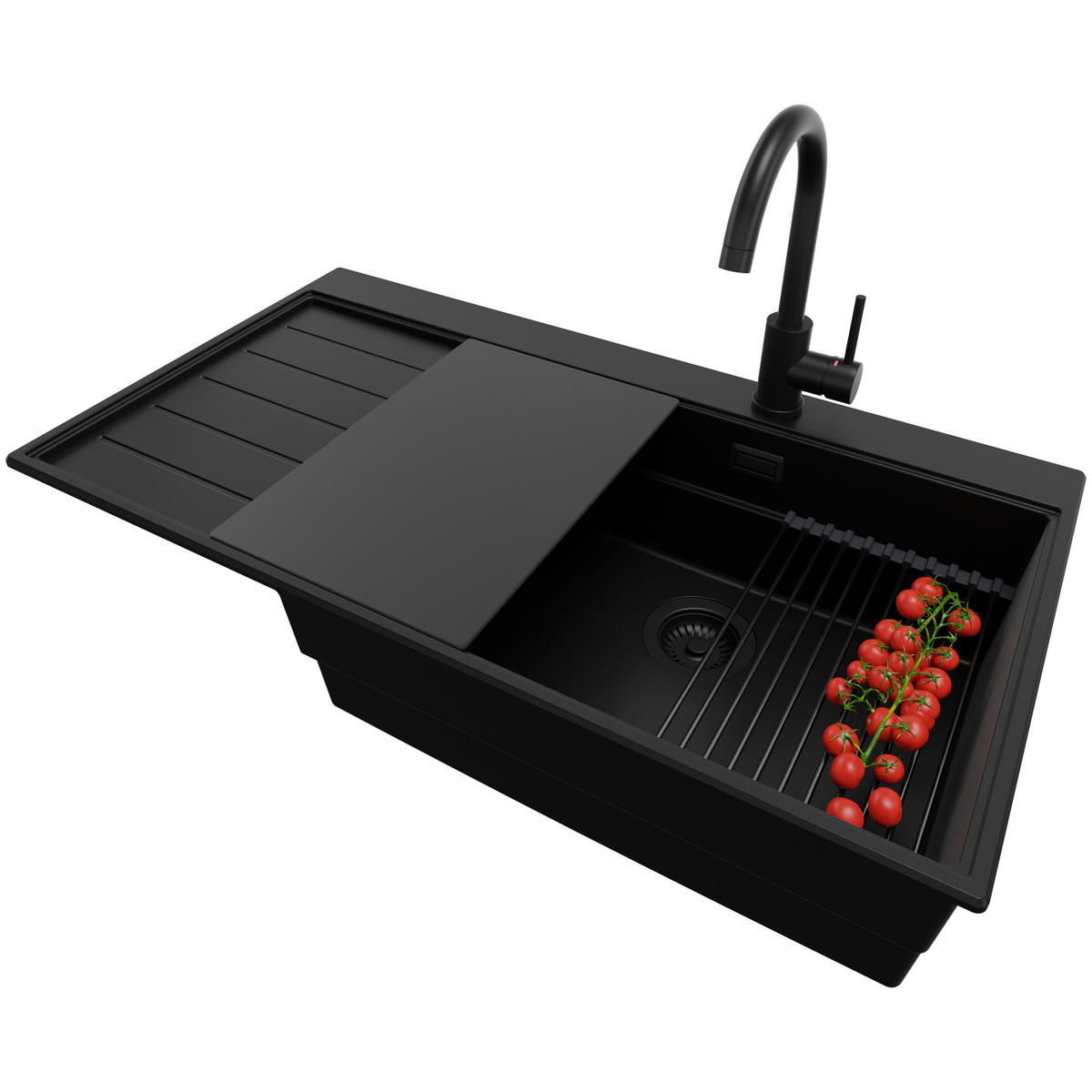 GRANITSPÜLE Sydney, 2-er set Alles Schwarz 90/50 cm 1 Becken + Küchenarmatur 32/20 cm + Ablauf-Set + Küchenzubehörset ab 60er Unterschrank - Schwarz, Kunststoff (90/20/50cm) - Primagran