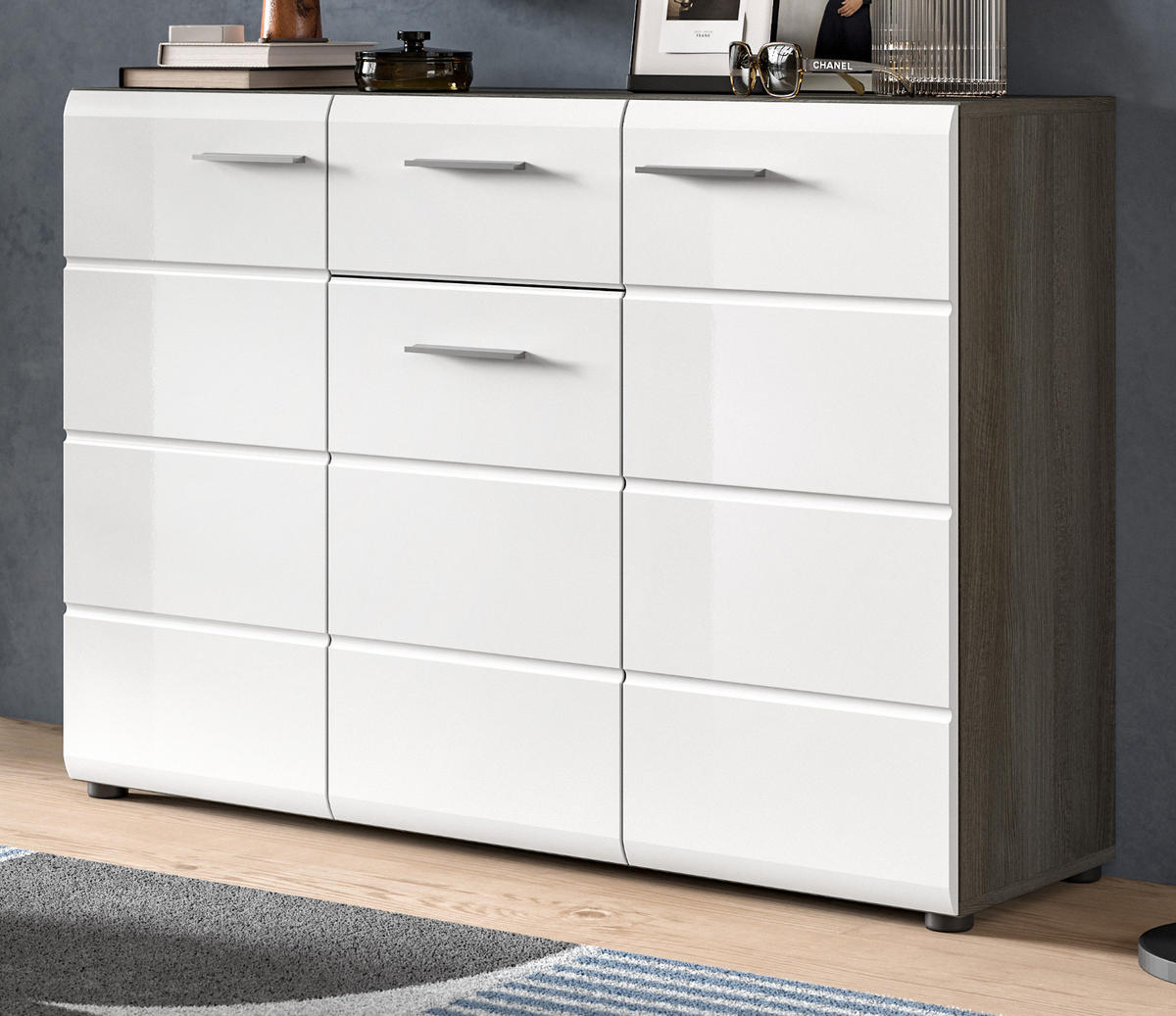 SIDEBOARD weiß Hochglanz, grau 120 cm, Kommode viel Stauraum - Weiß Hochglanz/Silberfarben, Holzwerkstoff/Kunststoff (120/85/37cm) - Inn.Furn