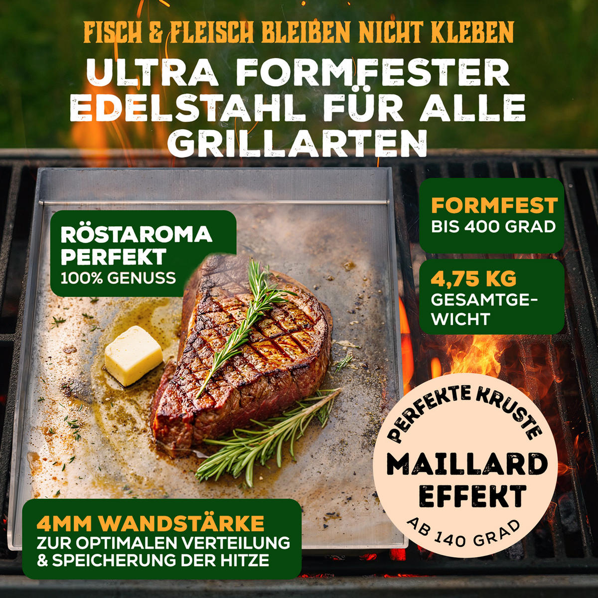 SET PLANCHA GRILLPLATTE Edelstahl inkl. 2 Grillspachteln & Ölflasche - 30x40 cm - Edelstahlfarben, Metall (30/40cm) - Blumtal
