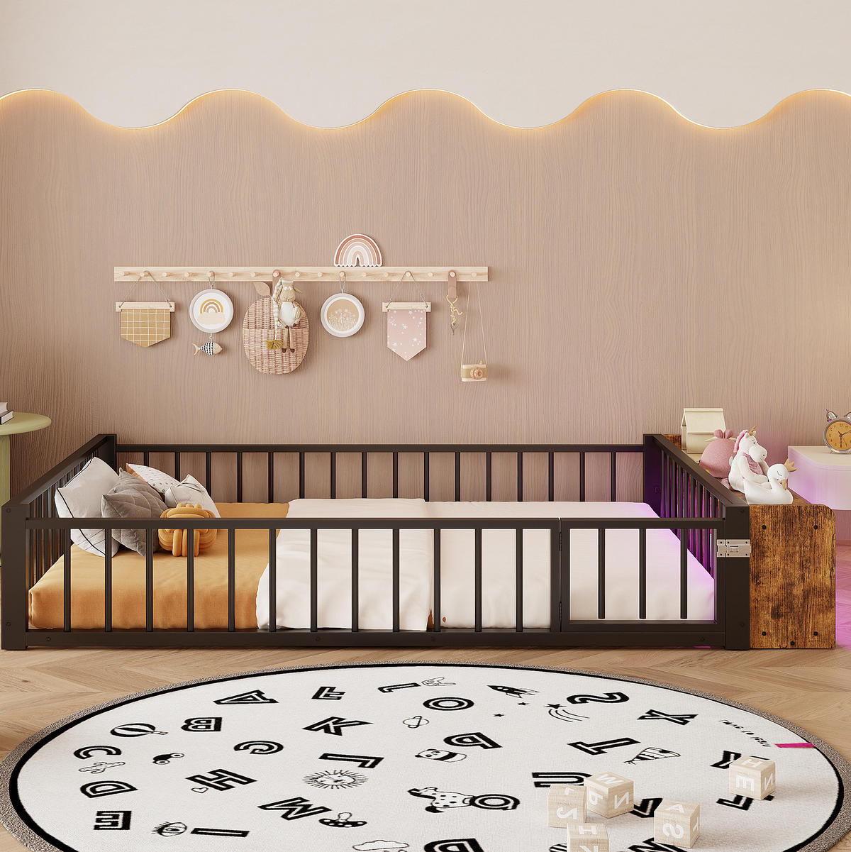 KINDERBETT 140/200 cm schwarz aus Metall und MDF mit Stauraum und LED - Schwarz, Holzwerkstoff (140/200cm) - OKWISH