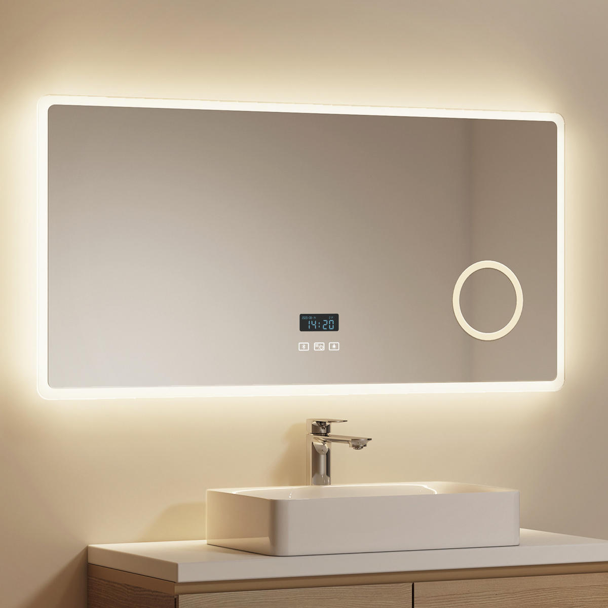 BADSPIEGEL mit Bluetooth Anti-Beschlag mit Integriertem Schminkspiegel 100/60 cm - Weiß, Glas (60/3.5/100cm) - EMKE