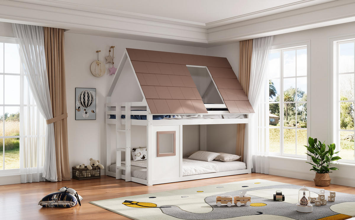 ETAGENBETT 140x200 cm in Hausform mit Satteldach, Fenster und Leiter, MDF Kiefernholz, braun weiß - Weiß, Holzwerkstoff (140/200cm) - Luhomfu