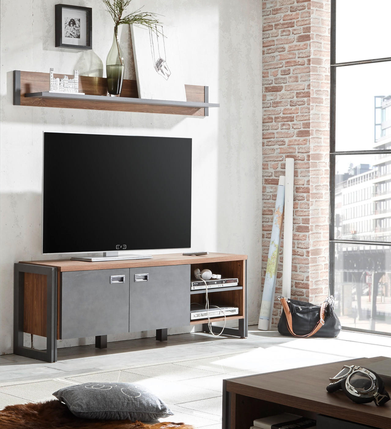 WANDBOARD Eiche Stirling, Matera grau, Wandregal 156 cm Bücherregal - Eichefarben/Grau, Holzwerkstoff (156/25/17cm) - Furn.Design