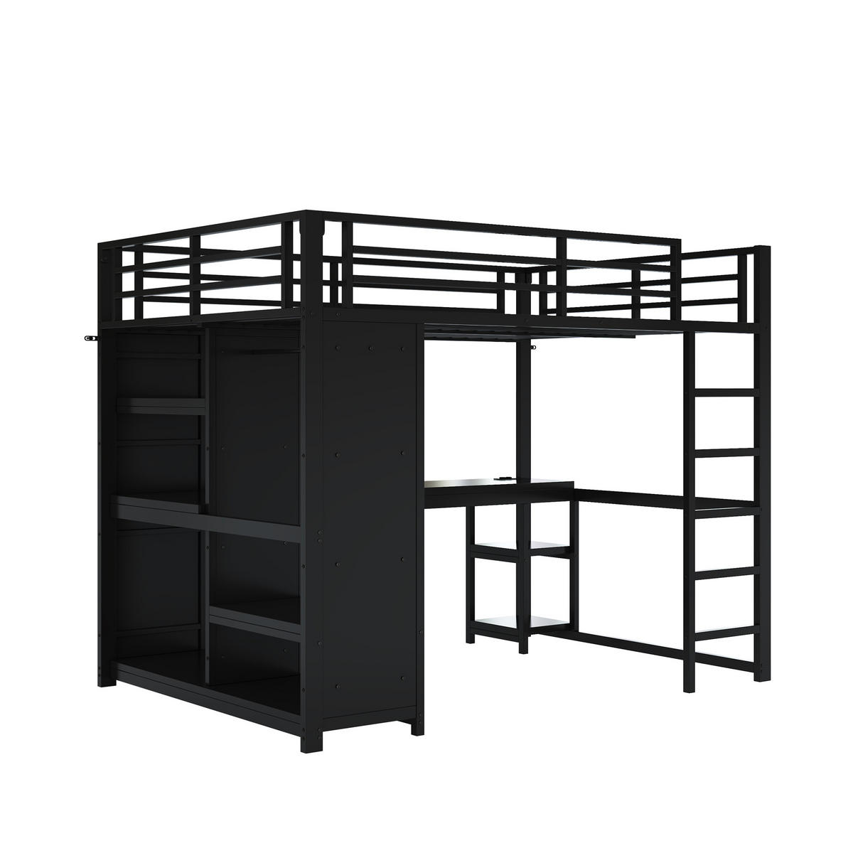 HOCHBETT 140/200 cm schwarz aus Metall mit LED und Schreibtisch - Schwarz, Metall (140/200cm) - OKWISH