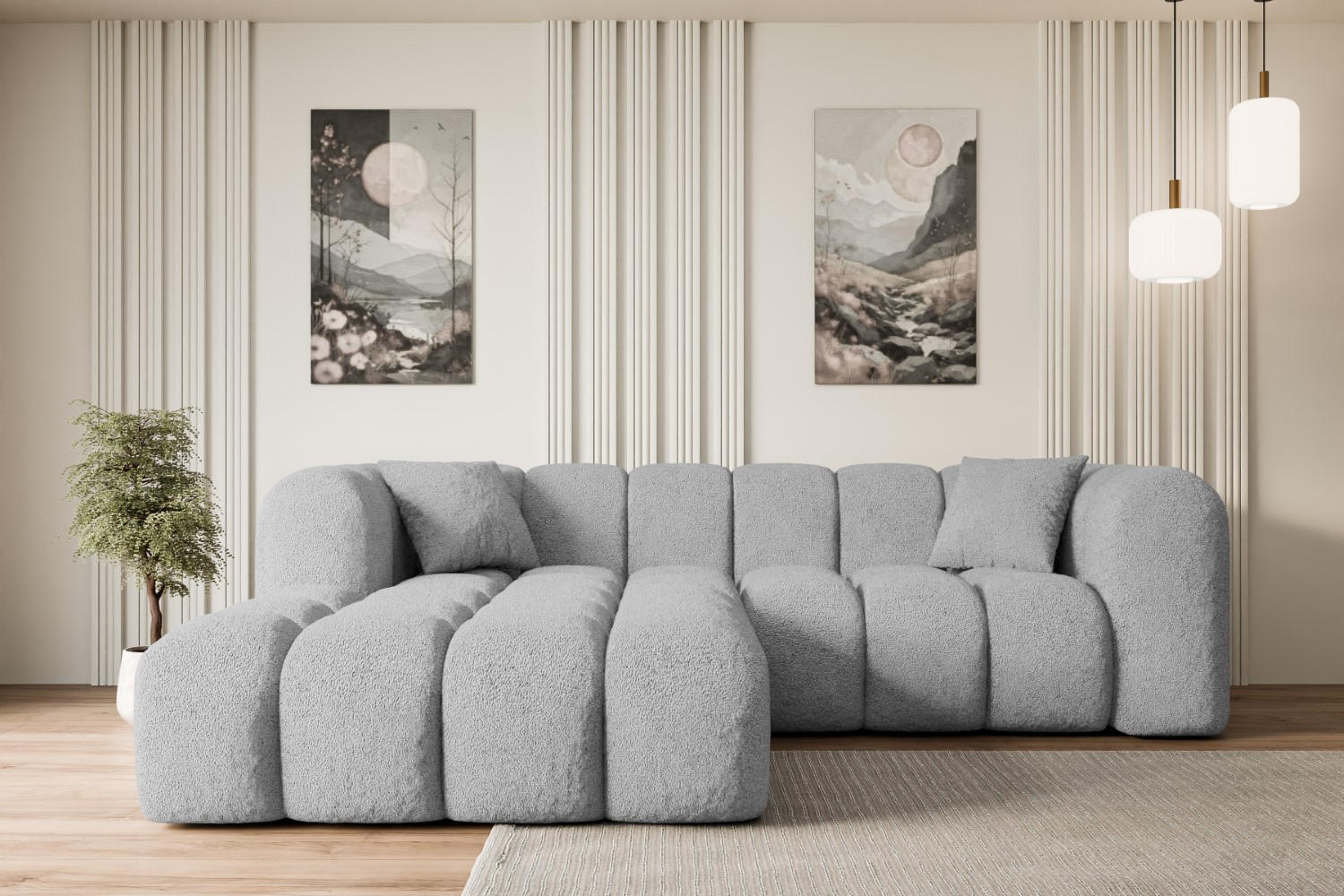 ECKSOFA Ottomane Links OLEA-L1 - 231x173x74 cm Hellgrau Bouclé - Hellgrau/Schwarz, Holzwerkstoff/Kunststoff (190/242cm) - ALTDECOR
