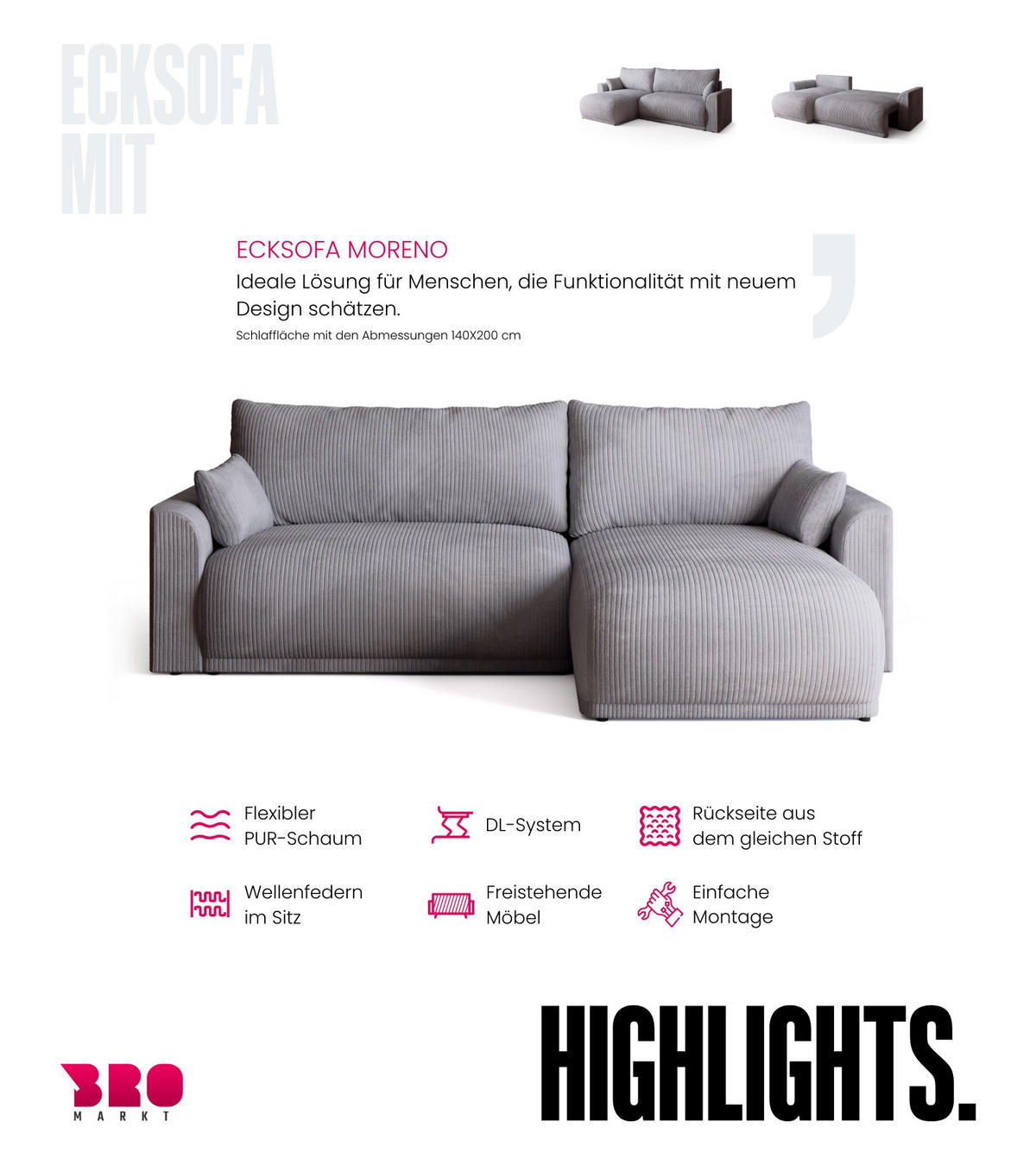 ECKSOFA MORENO mit Schlaffunktion Hellgrau Cord - Hellgrau, Textil (262/160cm) - Bromarkt