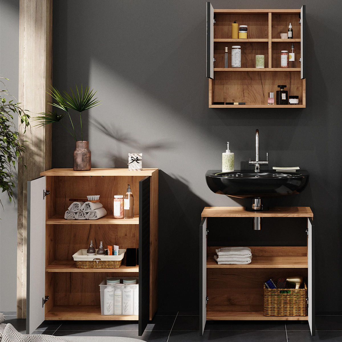 BADMÖBEL-SET Irma Anthrazit gepunktet 3 Teile, mit Unterschrank 60 cm - Anthrazit/Eiche Wotan, Holzwerkstoff (80/58.6/41cm) - Vicco