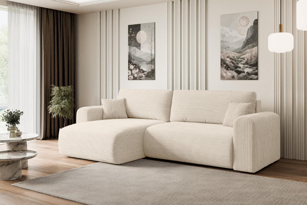 ECKSOFA mit Schlaffunktion und Bettkasten ORRO-L - 272x145x83 cm Beige Cord - Beige/Schwarz, Holzwerkstoff/Kunststoff (272/145cm) - ALTDECOR