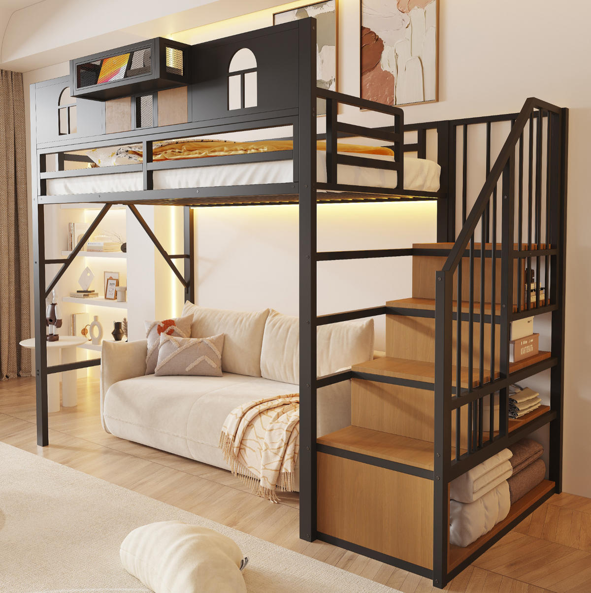 HOCHBETT 90/200 cm aus Metall mit Stauraumleiter und Lichtleiste, Schwarz - Schwarz, Metall (90/200cm) - OKMYHOME