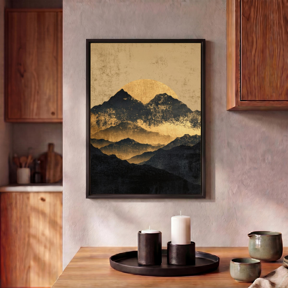 LEINWAND Bilder mit Rahmen - Goldene Berge bei Mondschein - 30x40 - Goldfarben, Textil (30/40cm) - MuchoWow