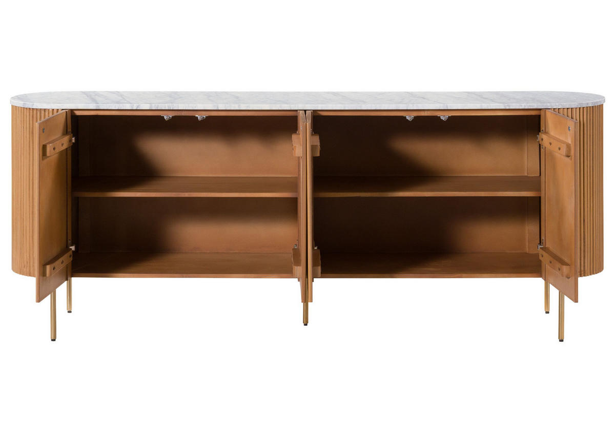 SIDEBOARD Mango 200x40x76 natur lackiert / Marmor weiß BARCELONA #502 - Naturfarben, Holz (200/76/40cm) - Massivmoebel24