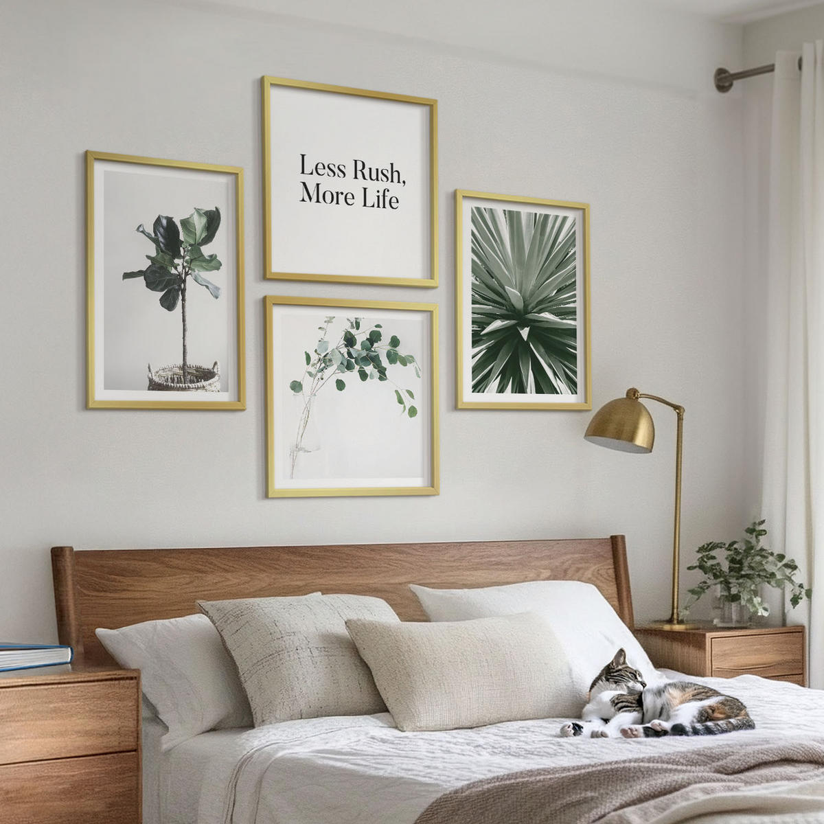 WANDBILDER 4er Set - 50x50 cm & 40x60 cm Goldrahmen - Minimalismus mit grünen Pflanzen - Goldfarben, Kunststoff (50/50cm) - ArtPrintCave