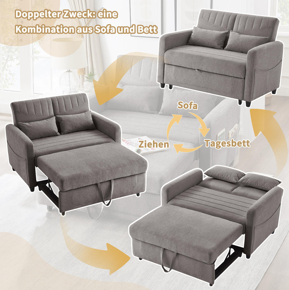 SCHLAFSOFA Baumwoll-Leinen mit Ausziehfunktion und verstellbarer Rückenlehne Grau 114/77/82,5 cm - Grau, Textil (77/82.5/114cm) - Redom