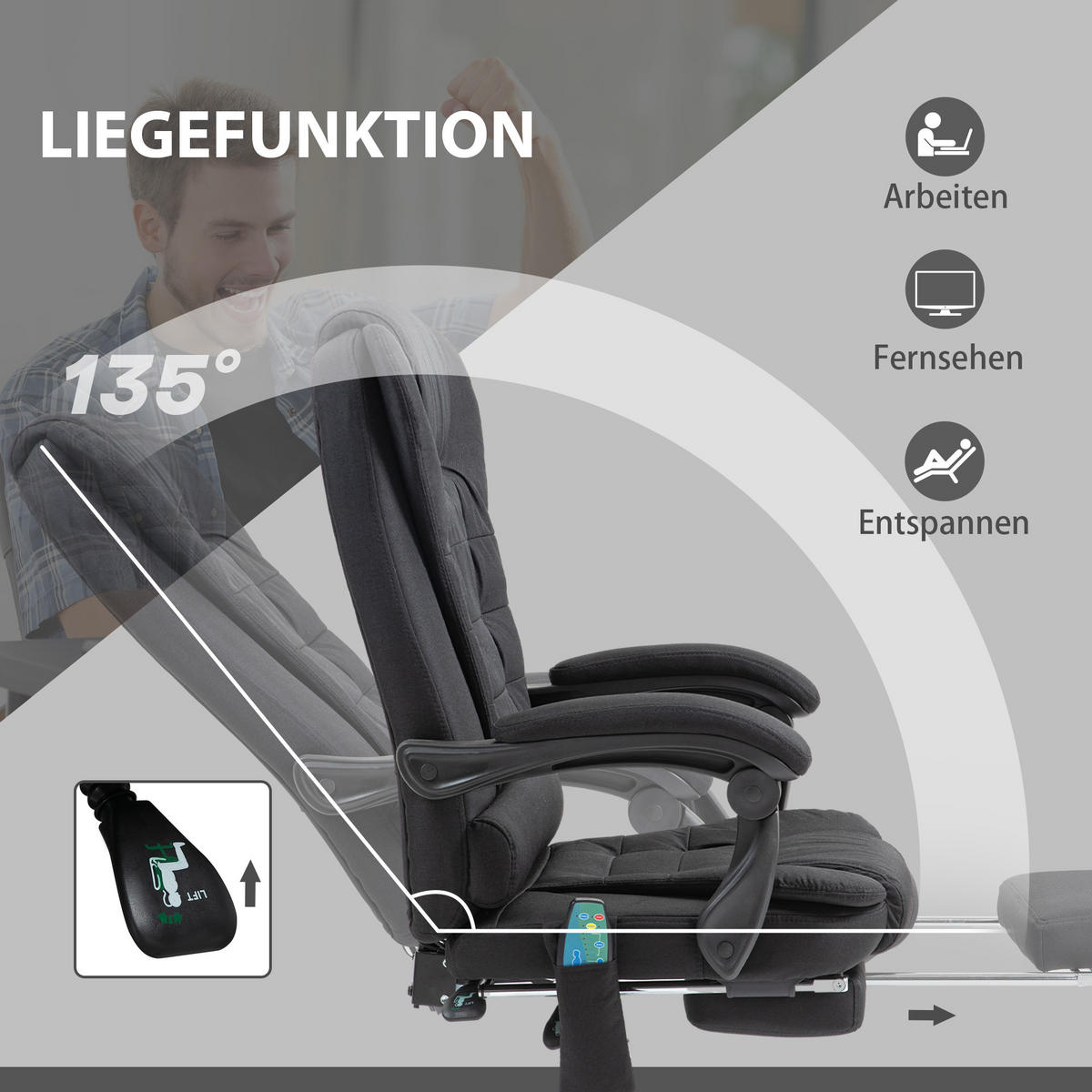 BÜROSTUHL mit Massagefunktion, Schreibtischstuhl mit Liege- & Wärmefunktion - Silberfarben/Schwarz, Kunststoff/Textil (70/119/65cm) - Vinsetto