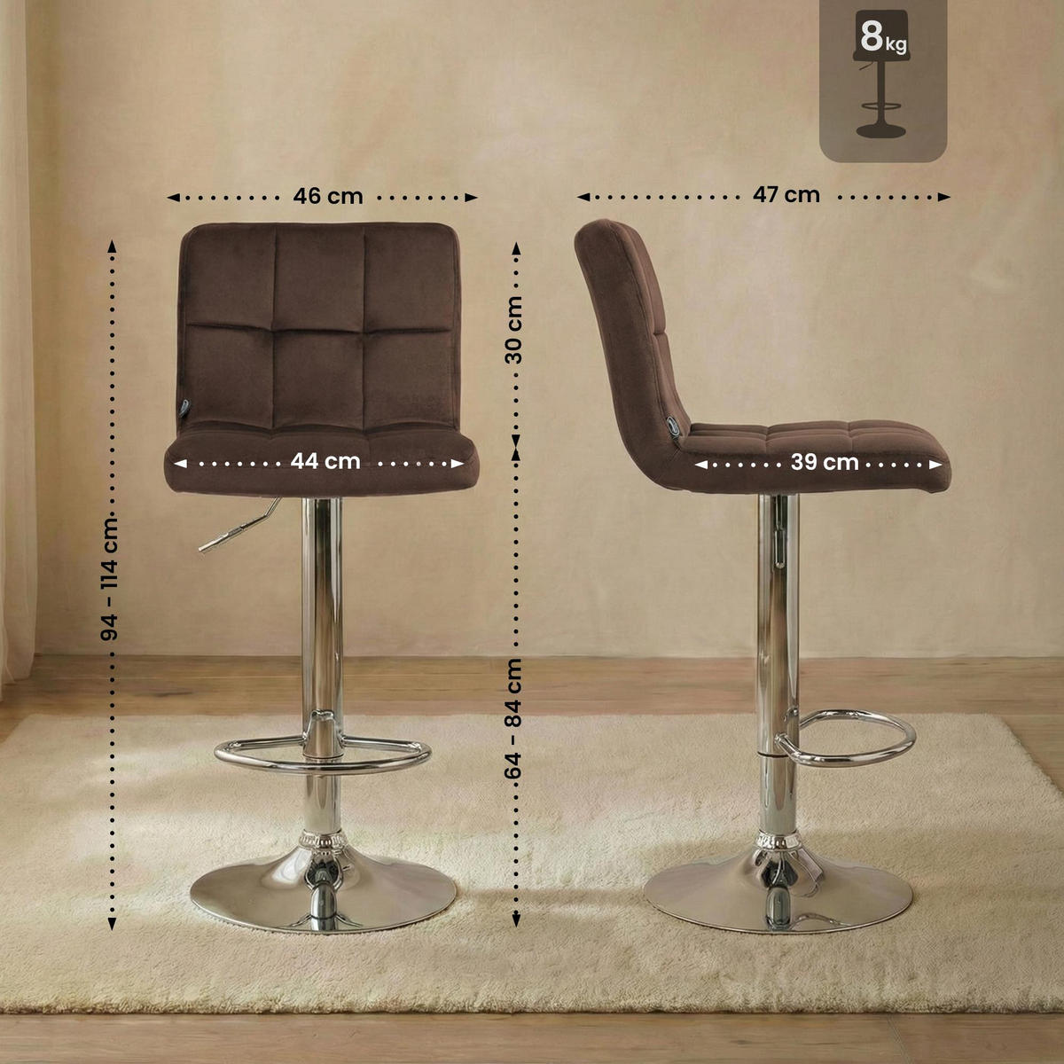 BARHOCKER Samt Braun - Chromfarben/Braun, Textil/Metall (46/94/47cm) - CLP