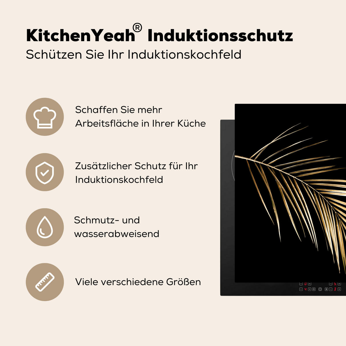 HERDABDECKPLATTE Blätter - Pflanzen - Gold - Schwarz - Luxus Induktionsschutz 89.6x51.6 cm - Goldfarben, Kunststoff (89.6/51.6/0.2cm) - MuchoWow