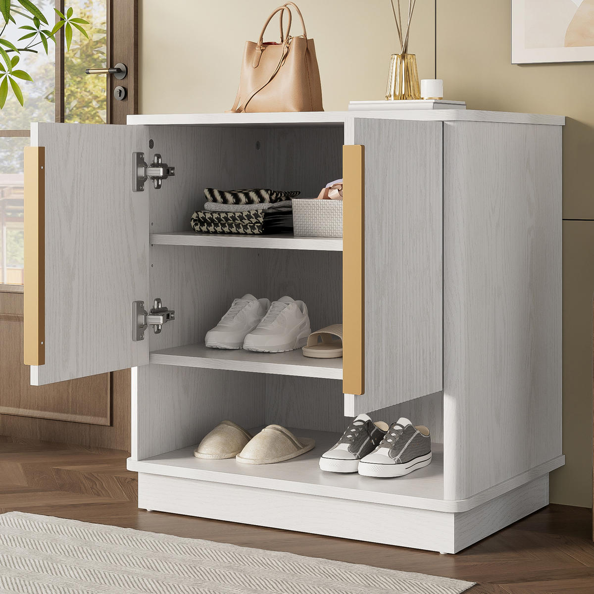 SCHUHSCHRANK 60x40x61 Weiß 2 Türen Offenes Fach Holzoptik - Weiß, Holzwerkstoff (40/61/60cm) - FLIEKS