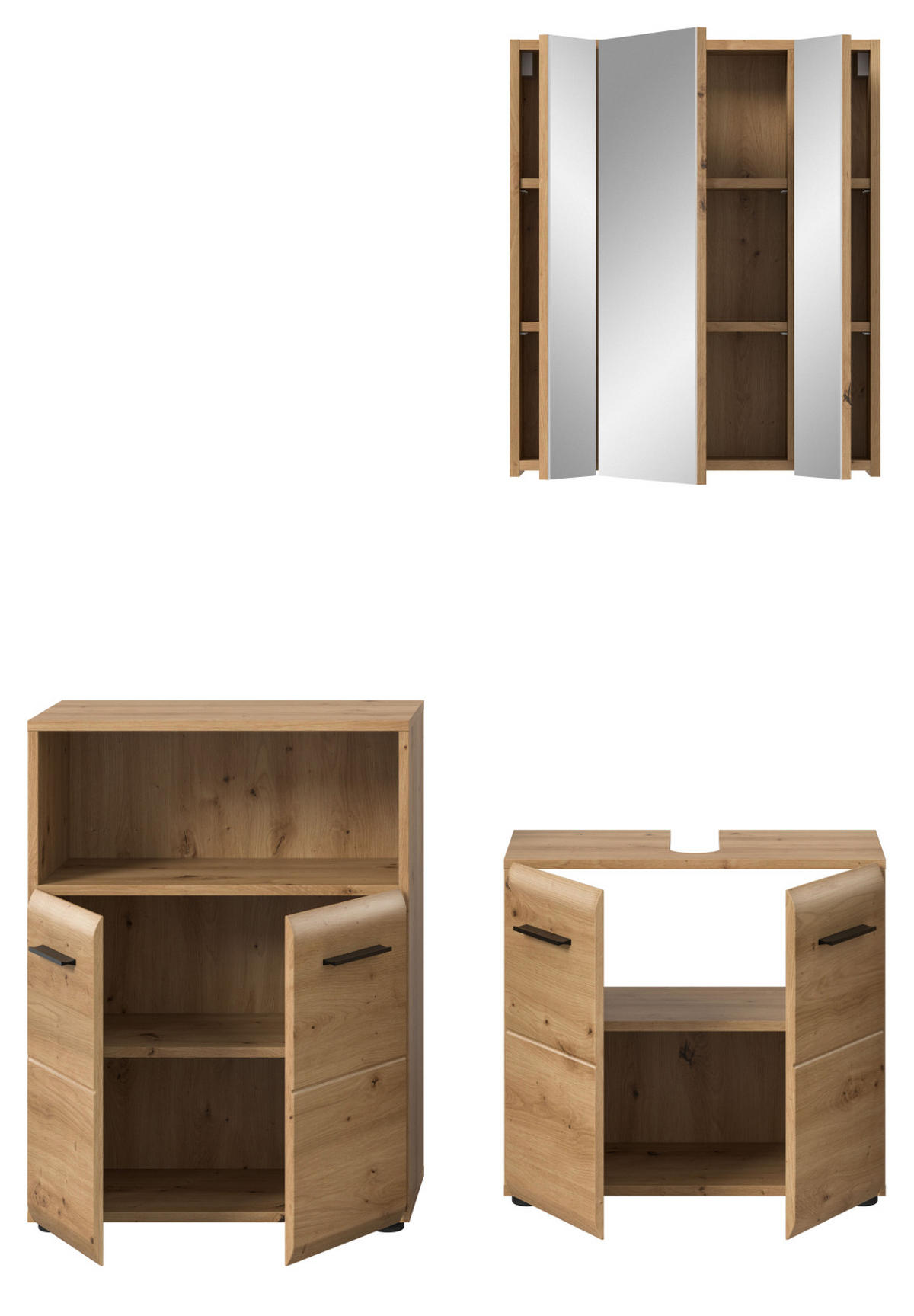 BADMÖBEL-SET 3-teilig Artisan Eiche, Badkombination 135 cm, viel Stauraum, Cover - Schwarz/Eiche Artisan, Glas/Holzwerkstoff (135/185/185cm) - Inn.Furn