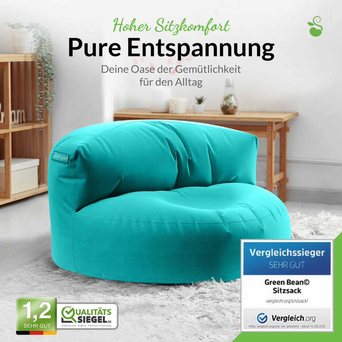 INDOOR OUTDOOR SITZSACK Lounge Sofa - Türkis, Textil (90/50/50cm) - Green Bean