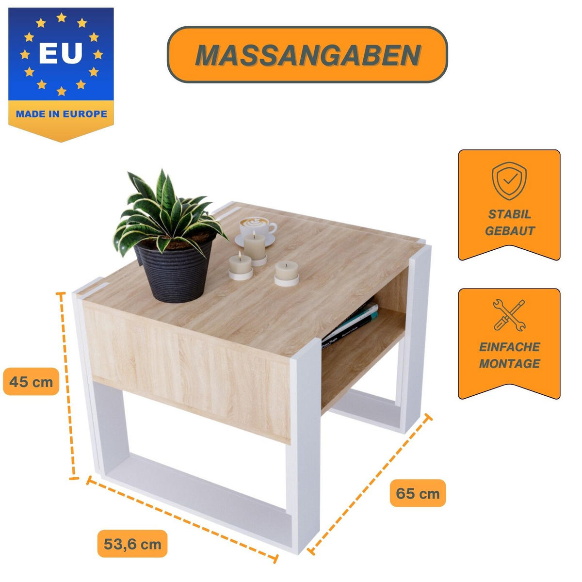 COUCHTISCH Karo65 65/45/53,6 - Eichefarben/Weiß, Holzwerkstoff (53/65/45cm) - RAUMHIRSCH FURNITURE