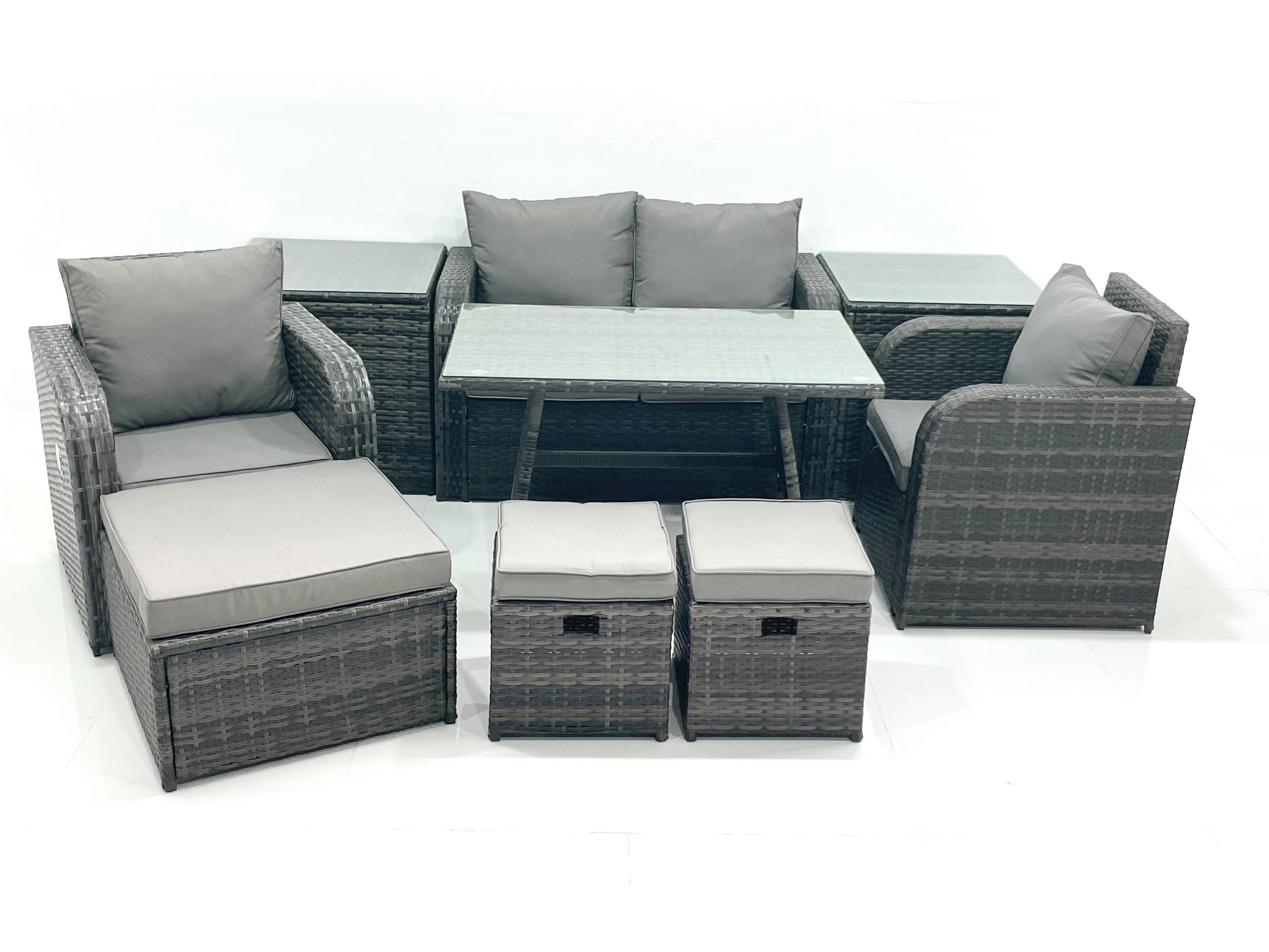 GARTENMÖBEL SET mit COUCHTISCH Polyrattan Dunkelgrau 9-Sitzer - Dunkelgrau/Grau, Glas/Kunststoff - Fimous