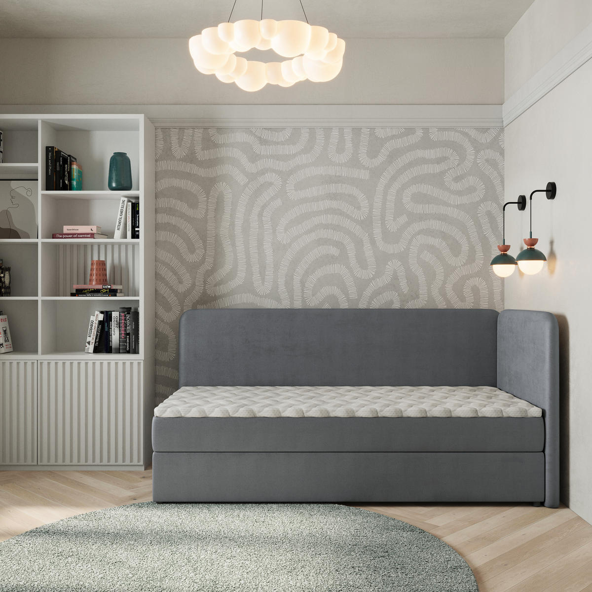 BOXBETT GINA 100x200 cm mit Matratze und Topper, H2+H3 - Grau - Grau, Holz (100/200cm) - MASSENO