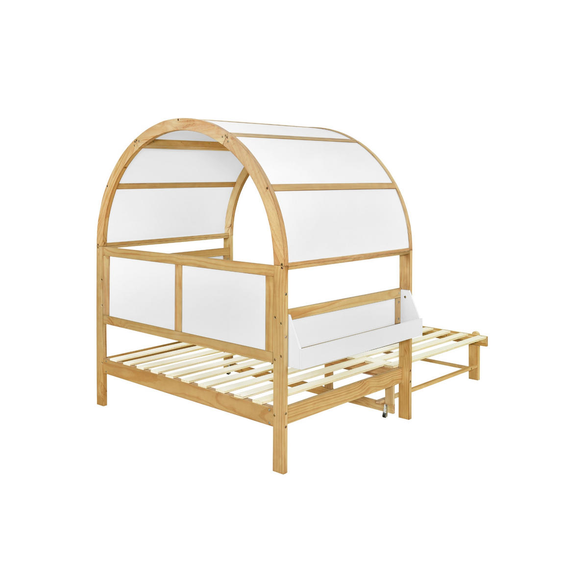 HAUSBETT 140/200 cm Ausziehbar mit Schiebebett Weiß+Natur aus Kiefer - Weiß, Holzwerkstoff (140/200cm) - OKWISH