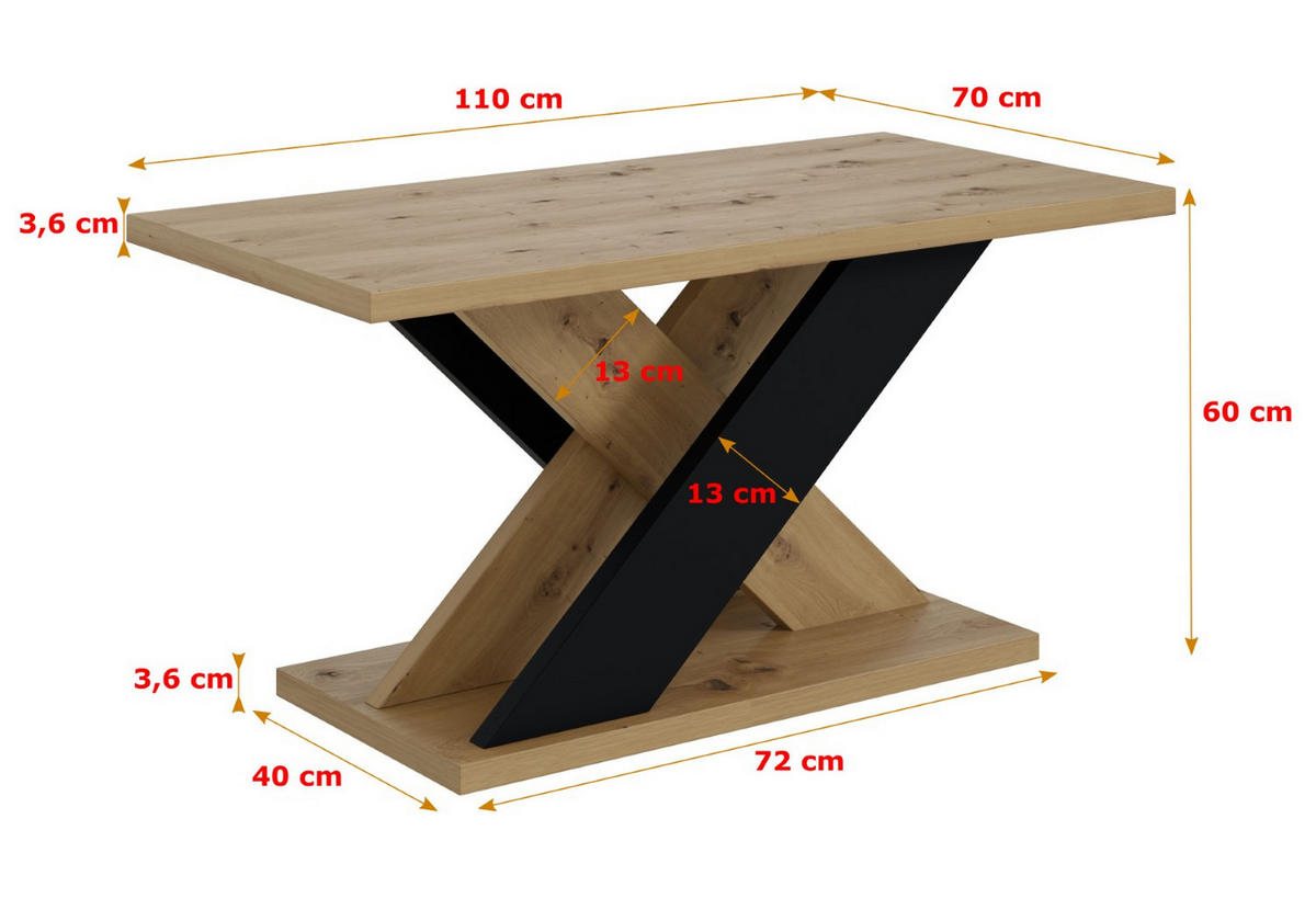 KAFFEETISCH 110x70x60 cm - Artisan Eiche Optik / Schwarz - AOX - Eichefarben, Holzwerkstoff (110/70/60cm) - ALTDECOR