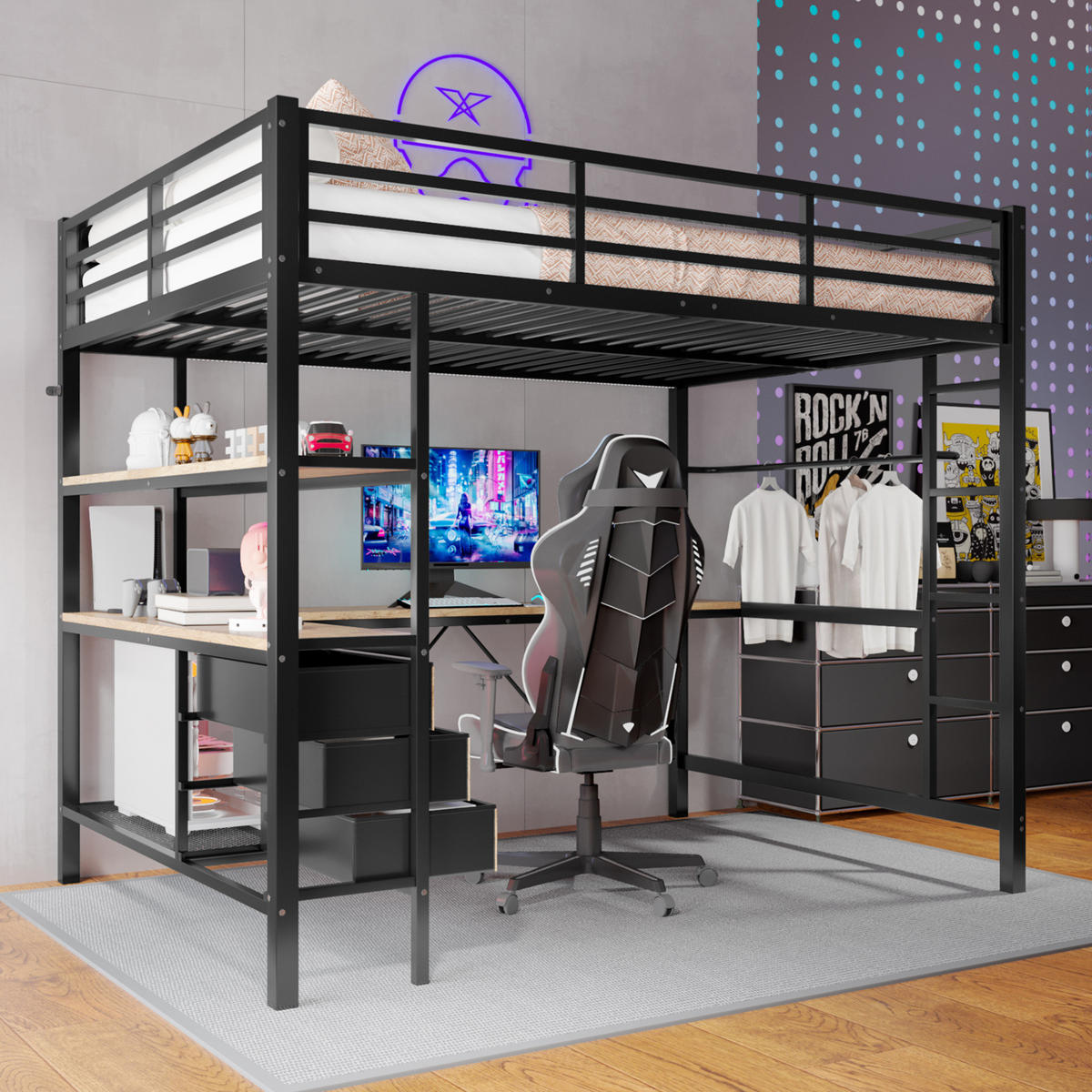 HOCHBETT 140/200 cm Schwarz aus Metall und MDF mit Schreibtisch und LED-Beleuchtung - Schwarz, Metall (140/200cm) - OKMYHOME