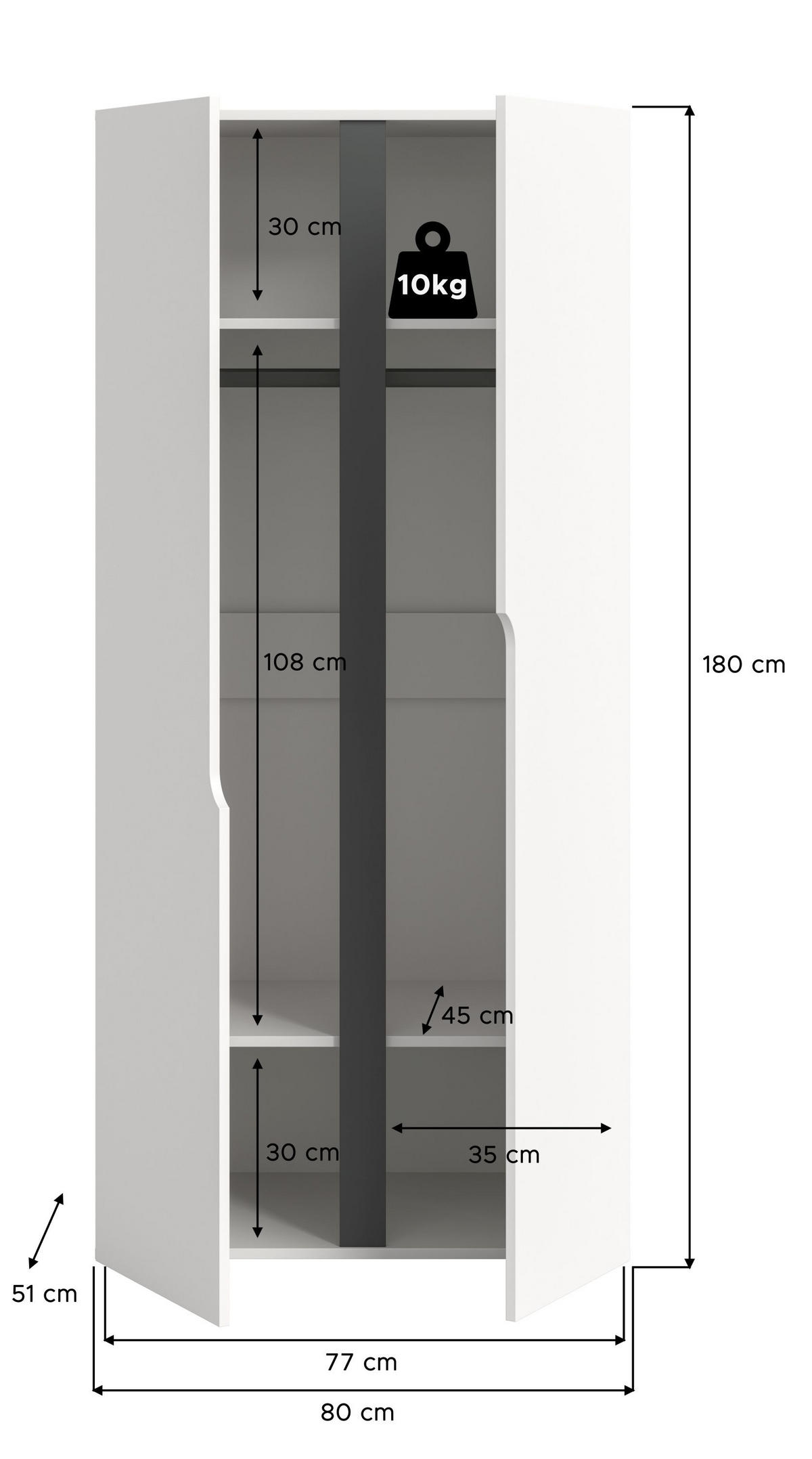 KLEIDERSCHRANK 2TÜRIG Anga weiß 80/51/180 cm - Weiß, Holzwerkstoff (80/180/51cm) - Xonox