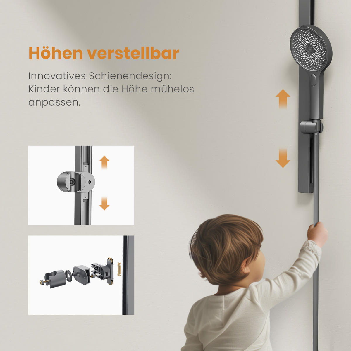ÜBERKOPFBRAUSESET mit Thermostat Drei Wasserauslassmethoden Anthrazit - Anthrazit, Metall (10.5/66.5/39.5cm) - EMKE