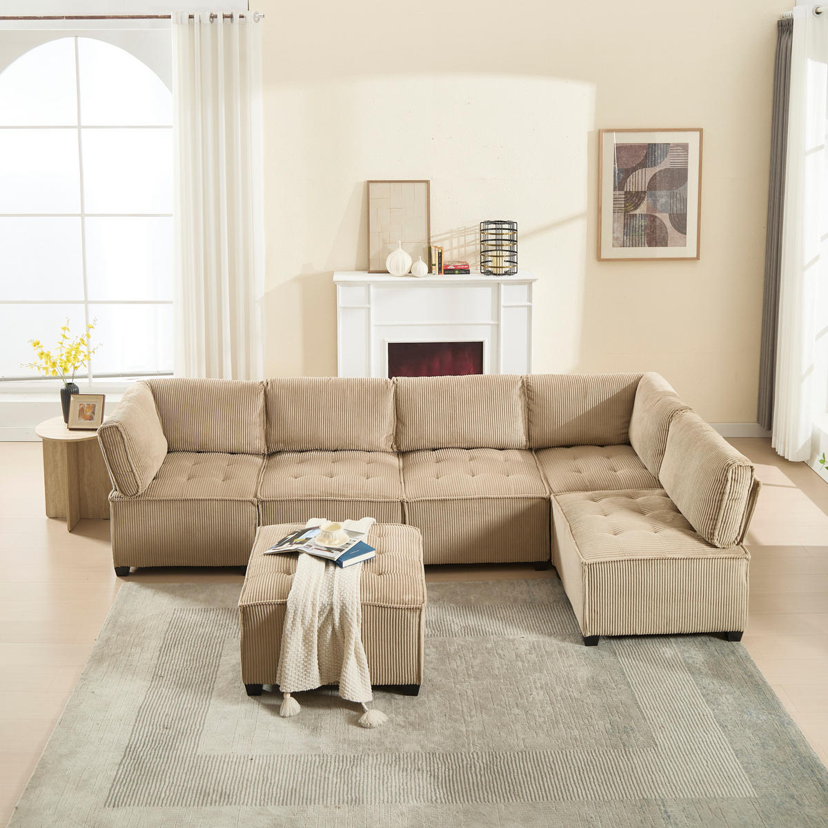 SOFA modular 6-Sitzer 308 x 154 cm Cord Khaki - Braun, Kunststoff (154/82/308cm) - Meubliv