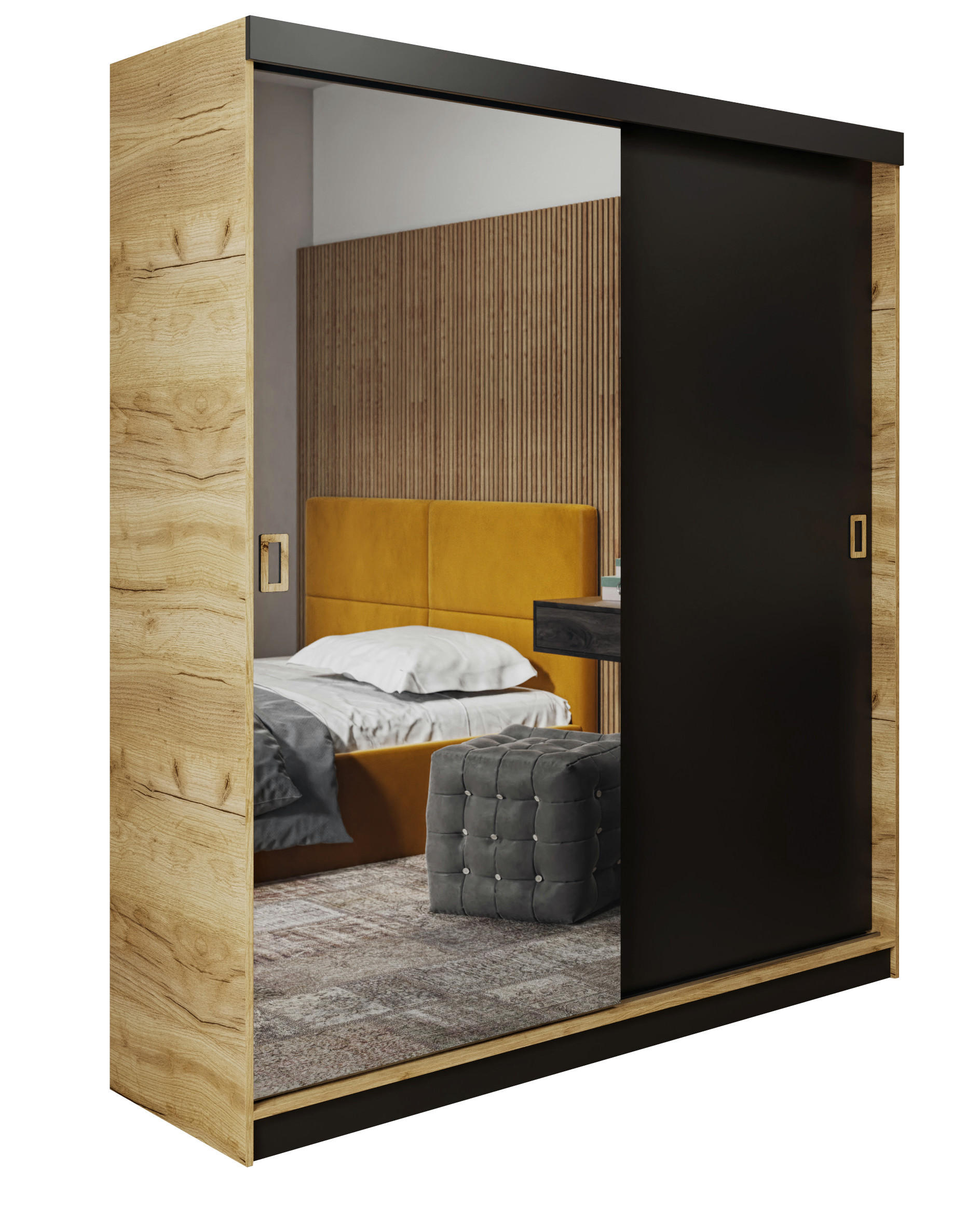 SCHIEBETÜRENSCHRANK RETRO 1 138 - Eiche Craft Gold + Schwarz 138x205x59cm - Honigeiche/Schwarz, Holzwerkstoff (138/205/59cm) - Kier Furniture