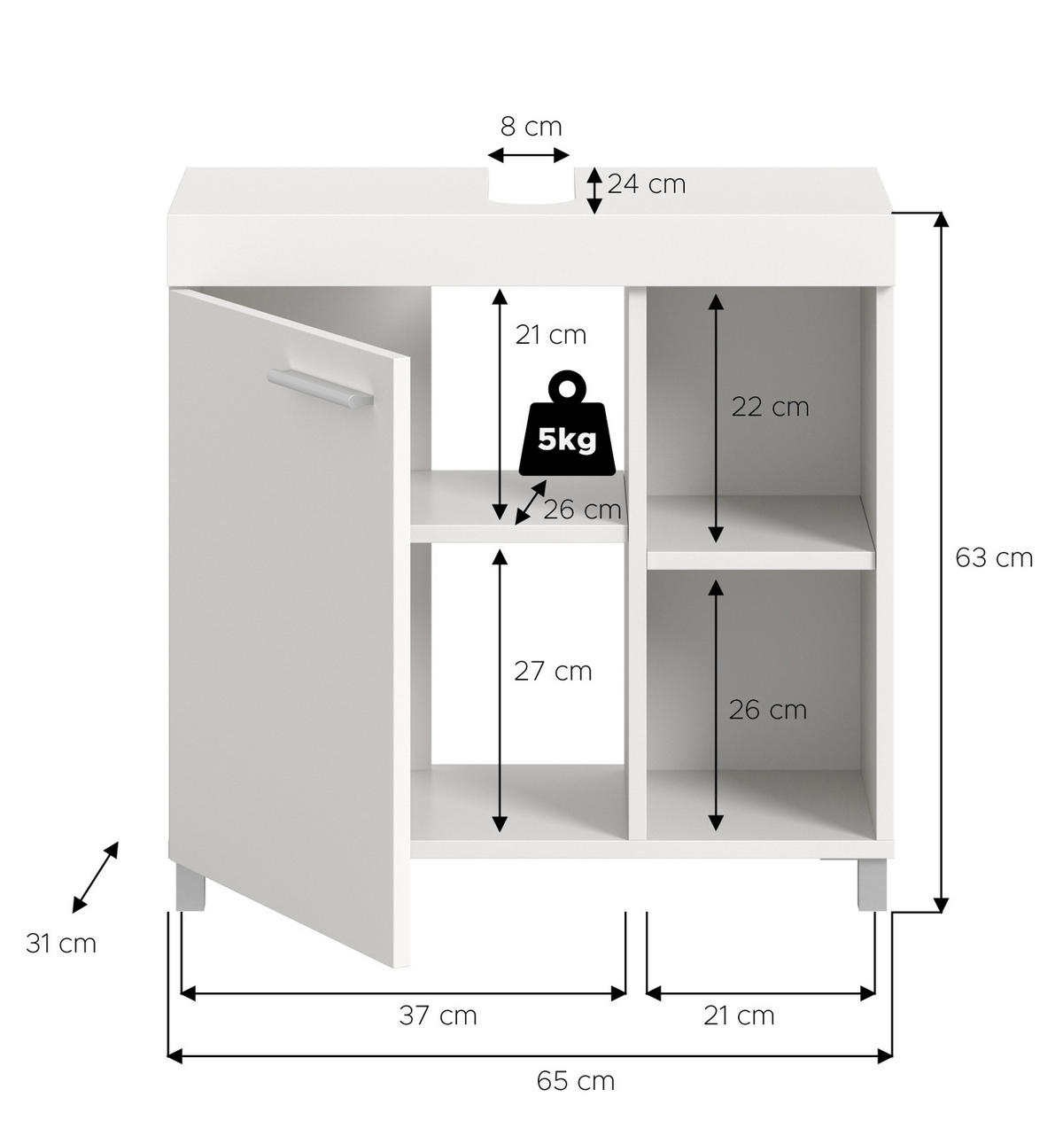 WASCHBECKENUNTERSCHRANK weiß 65 cm, Unterschrank 1-türig - Silberfarben/Weiß, Holzwerkstoff/Kunststoff (65/63/31cm) - Inn.Furn