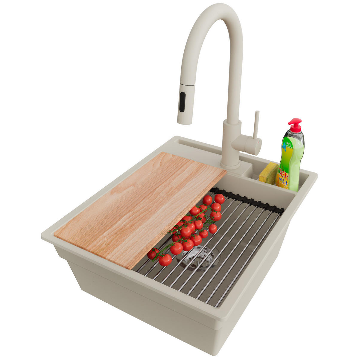 GRANITSPÜLE Oslo Pocket, 2-er set Beige 43/53 cm 1 Becken + Küchenarmatur 40/20 cm + Ablauf-Set + Küchenzubehörset ab 45er Unterschrank - Chromfarben/Beige, Kunststoff (43/20/53cm) - Primagran