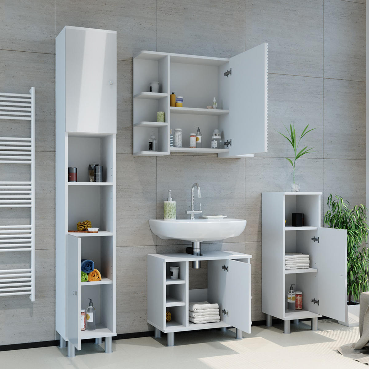BADMÖBEL-SET Fynn Weiß Hochglanz 3 Teile, mit Hochschrank - Weiß Hochglanz/Weiß, Holzwerkstoff (60/54/32cm) - Vicco