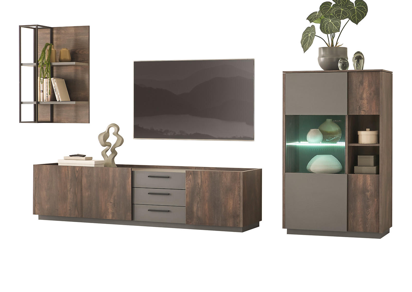 WOHNWAND Thermo Eiche, grau, Wohnkombination 3-teilig mit Soft-Close 320 x 180 cm - Eichefarben/Grau, Holzwerkstoff/Metall (320/180/45cm) - Furn.Design