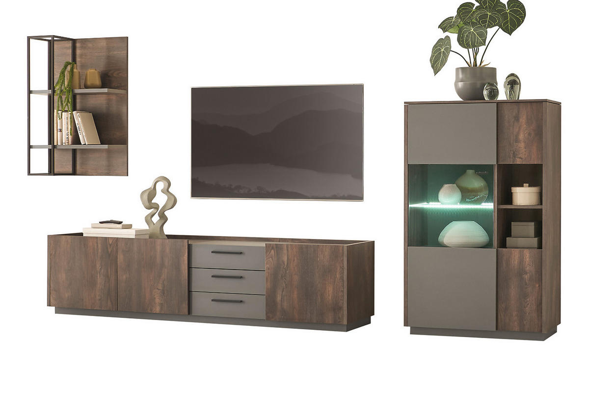 WOHNWAND Thermo Eiche, grau, Wohnkombination 3-teilig mit Soft-Close 320 x 180 cm - Eichefarben/Grau, Holzwerkstoff/Metall (320/180/45cm) - Furn.Design