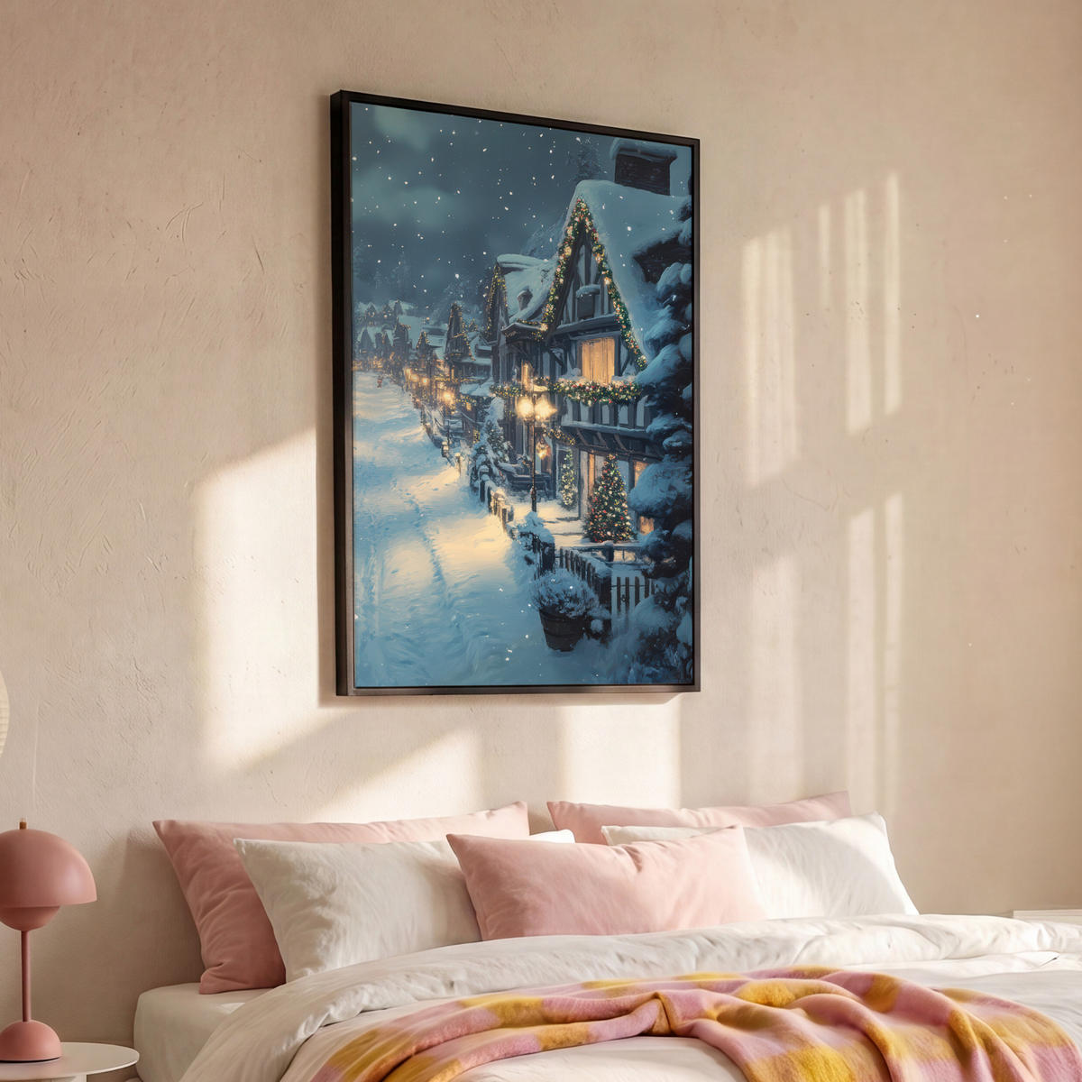 LEINWAND Bilder mit Rahmen - Weihnachtsdorf - Weihnachten - Schnee - Winter - 100x150 - Dunkelblau, Textil (100/150cm) - MuchoWow