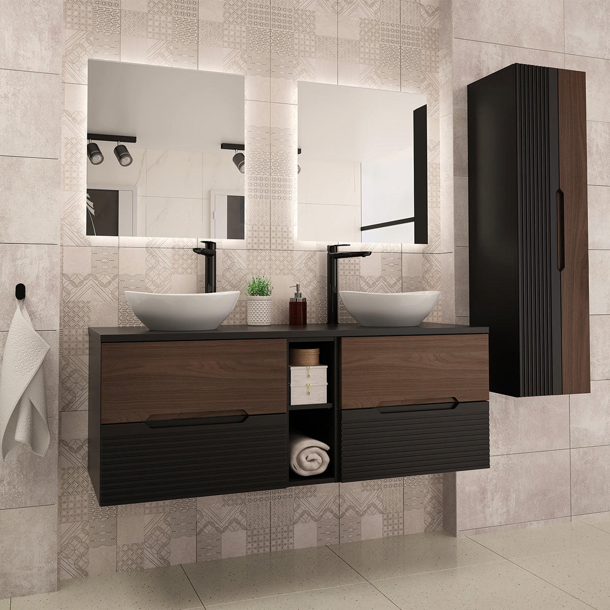BADMÖBEL 140.6cm Sylla 2er-Set Schwarz und Holz - Schwarz, Holzwerkstoff (140.6/52.2/45.8cm) - Petits-meubles