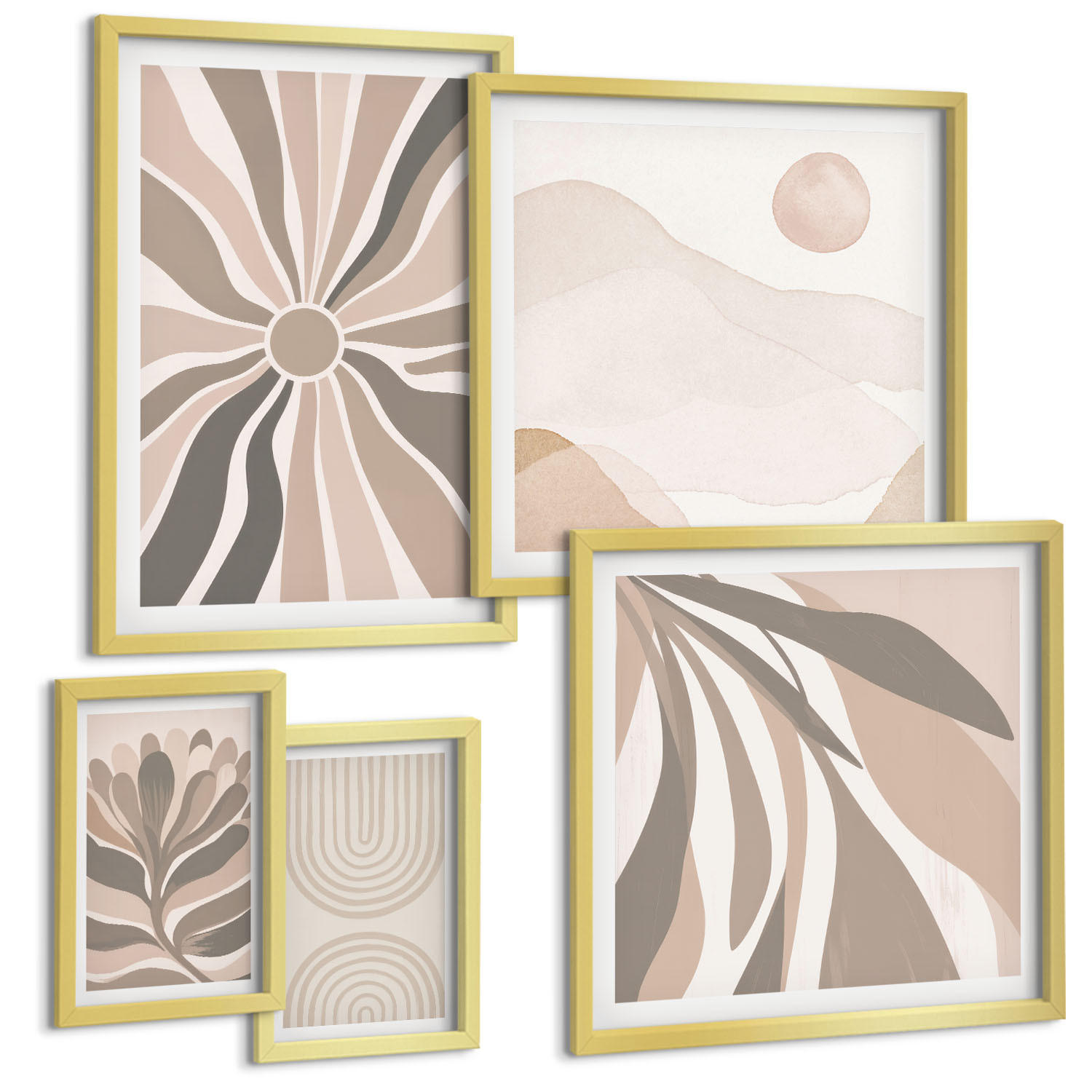 BILDER SET 5er Set - 50x50 cm & 20x30 cm & 40x60 cm Goldrahmen - Abstrakte Pflanzenmuster - Goldfarben, Kunststoff (40/60cm) - TULUP