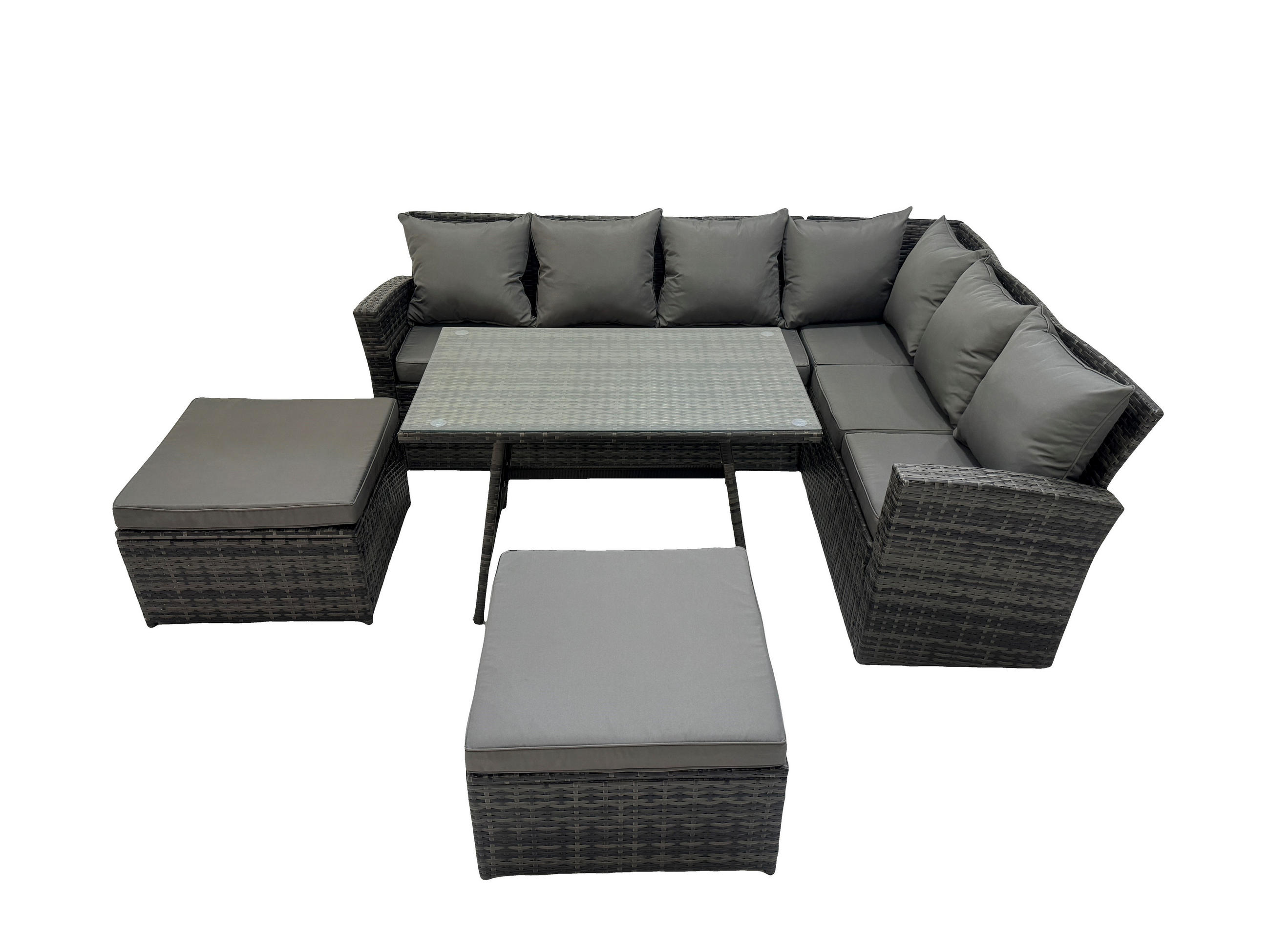 SITZGRUPPE mit Ecksofa Polyrattan Dunkelgrau 8-Sitzer - Dunkelgrau/Grau, Glas/Kunststoff - Fimous
