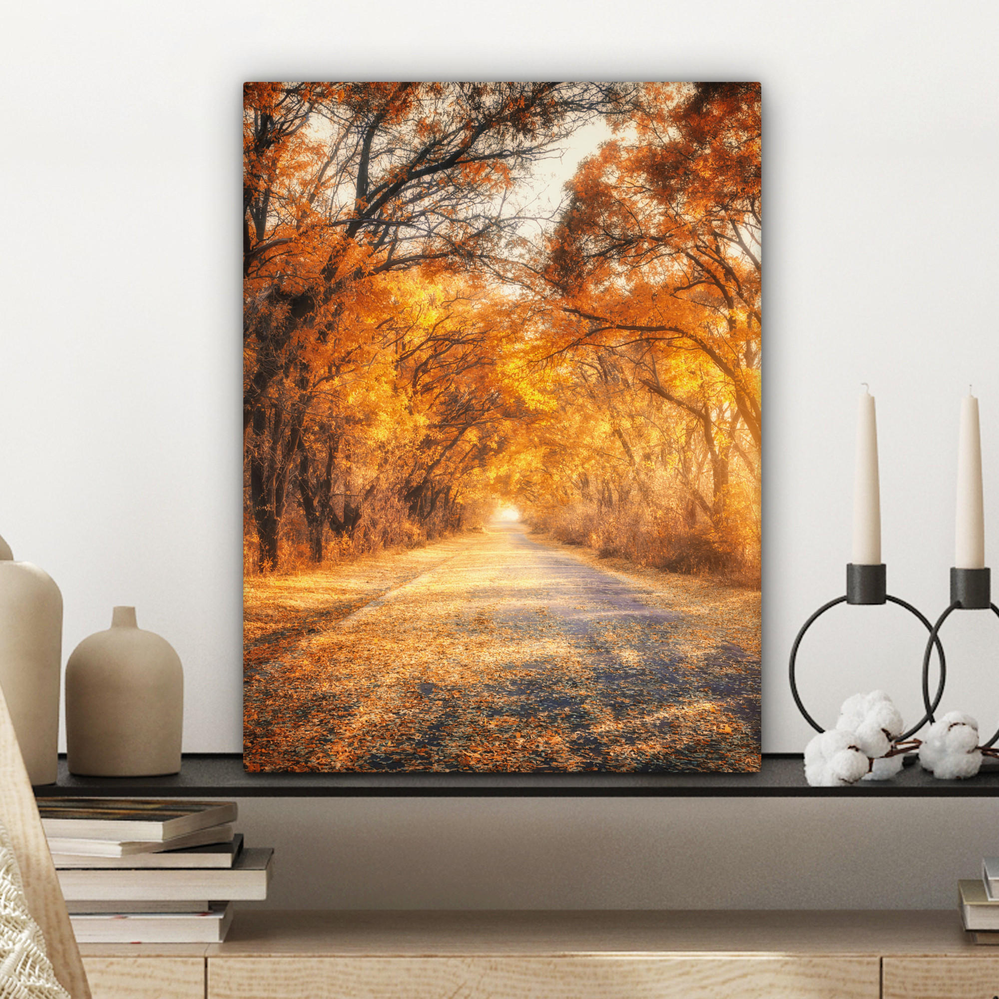 LEINWANDBILD Wald - Herbst - Bäume - Waldweg - Natur 30x40 cm - Bernsteinfarben, Textil (30/40cm) - MuchoWow