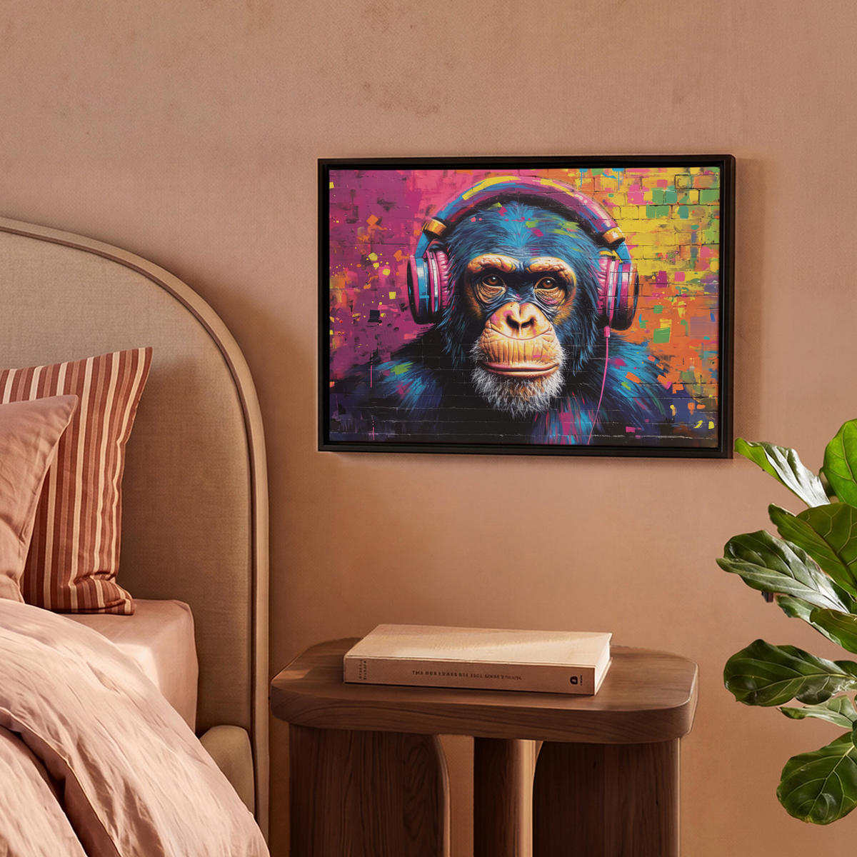 LEINWAND Bilder mit Rahmen - Graffiti - Schimpanse - Straßenkunst - Kopfhörer - Affe - 40x30 - Blau, Textil (40/30cm) - MuchoWow