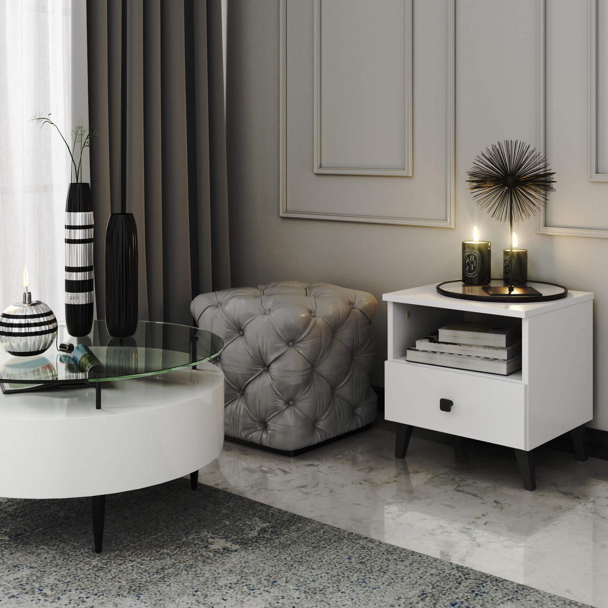 NACHTTISCH Weiß, Schwarz 43/40/37 - Schwarz/Weiß, Holzwerkstoff (40/43/37cm) - RAUMHIRSCH FURNITURE