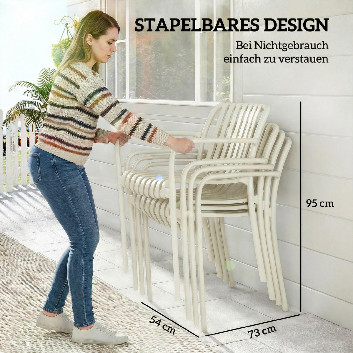 GARTENSTÜHLE 4er Set Stapelbare Terrassenstühle mit Lamelldesign Armlehnen, Ergonomisch Cremeweiß - Creme, Kunststoff (58.5/81.5/55cm)