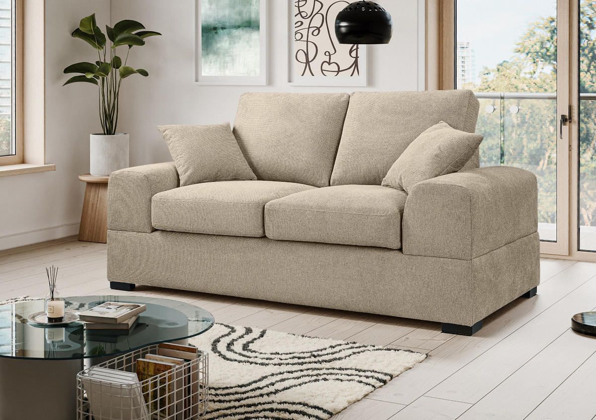 SOFA beige Strukturstoff, Couch 2-Sitzer 182 cm mit Premium Kaltschaum - Beige/Schwarz, Holz/Textil (182/90/93cm) - Inn.Furn