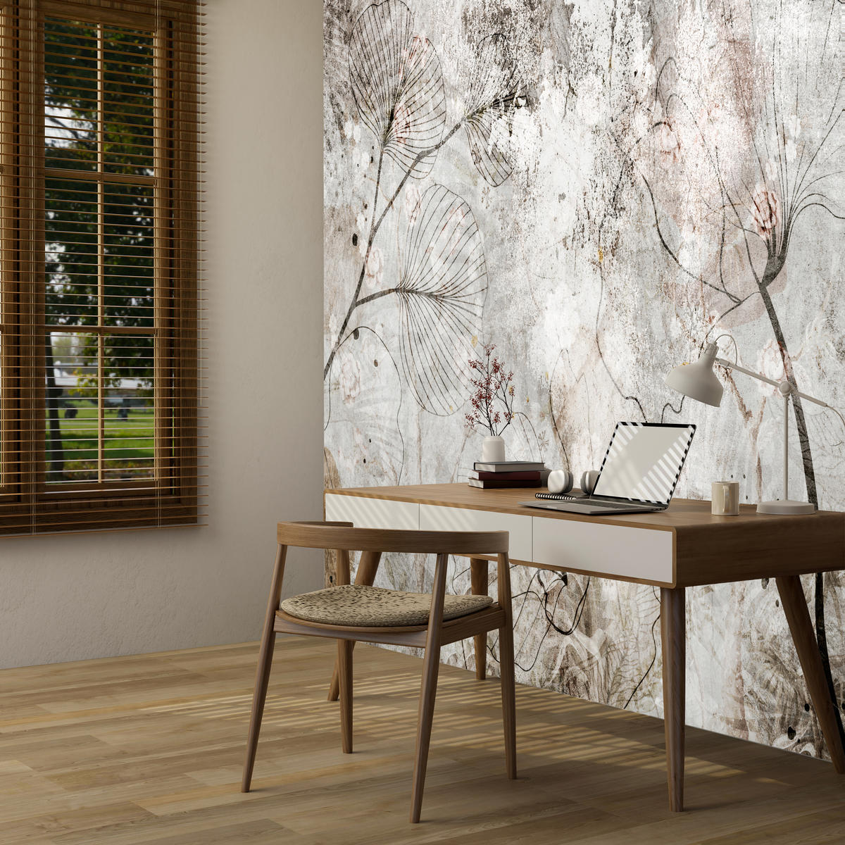 FOTOTAPETE für Wohnzimmer Vintage Blätter Blumen Beton Abstrakt 450x315 - Gelb/Orange, Papier (450/315cm) - Muralo